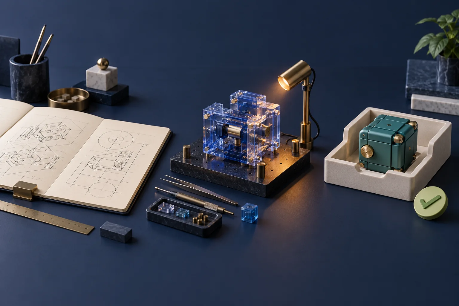 A blueprint, a transparent mechanism under inspection and a finished module in a handover tray.