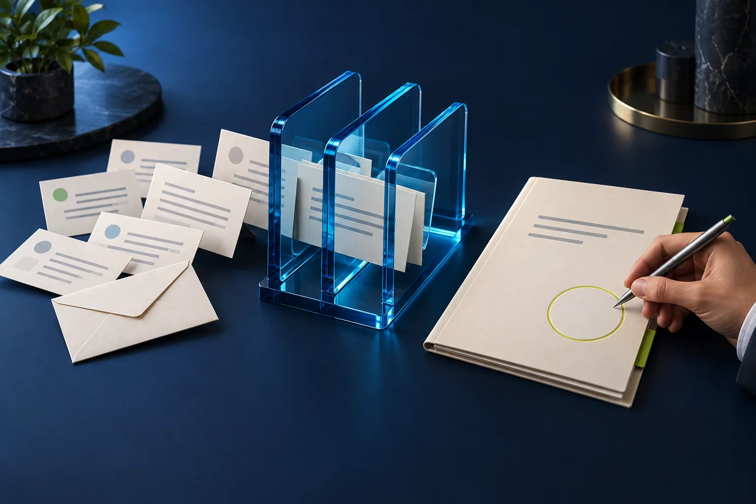 Concept illustration of customer enquiries being organised into a proposal, with a person ready to review and approve the document.