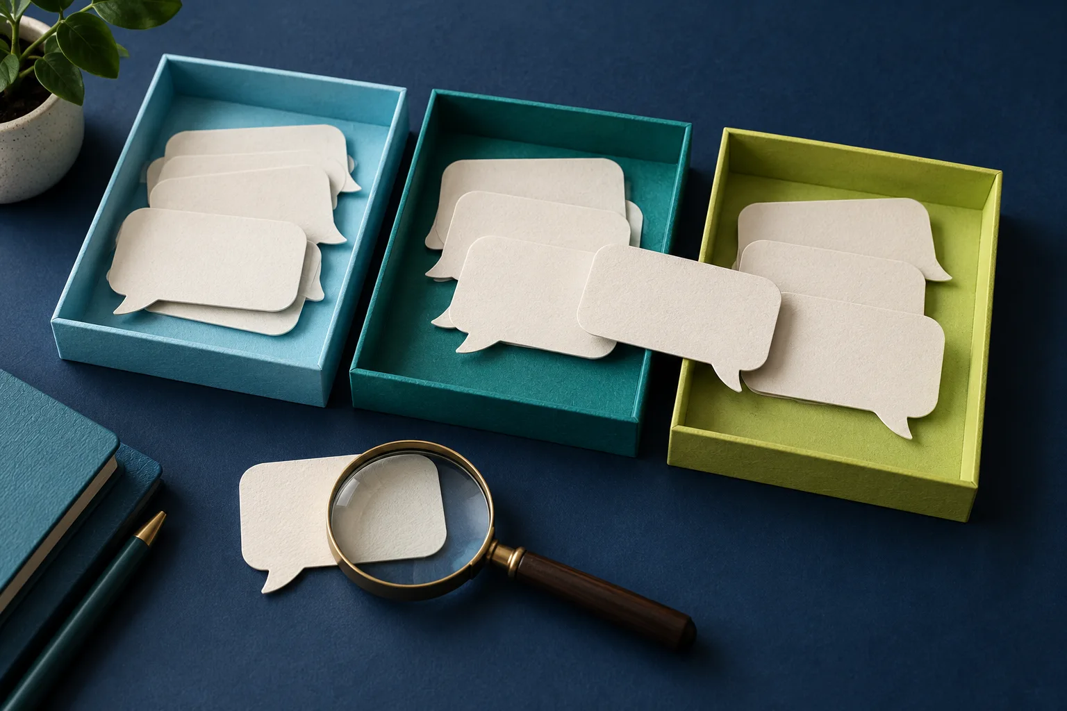 Paper speech bubbles grouped in coloured trays, with a magnifying glass checking an original comment.