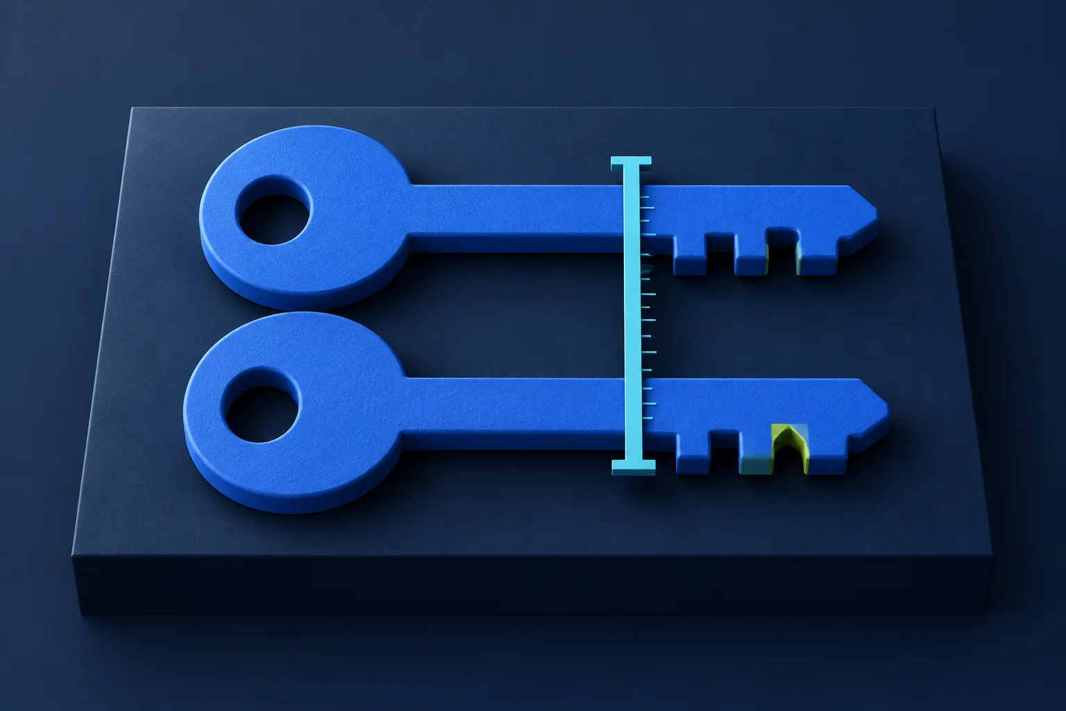 Two blue key sculptures with a different notch marked lime under a cyan comparison gauge.