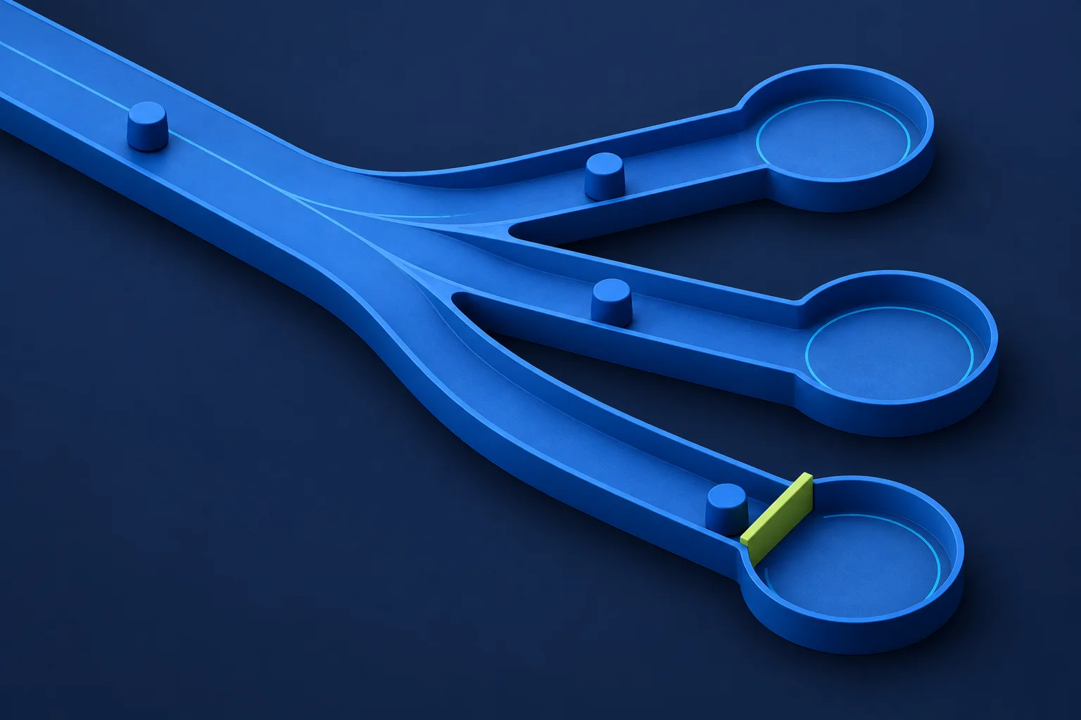 Blue channels separate incoming tokens; a lime barrier holds one lane for review.