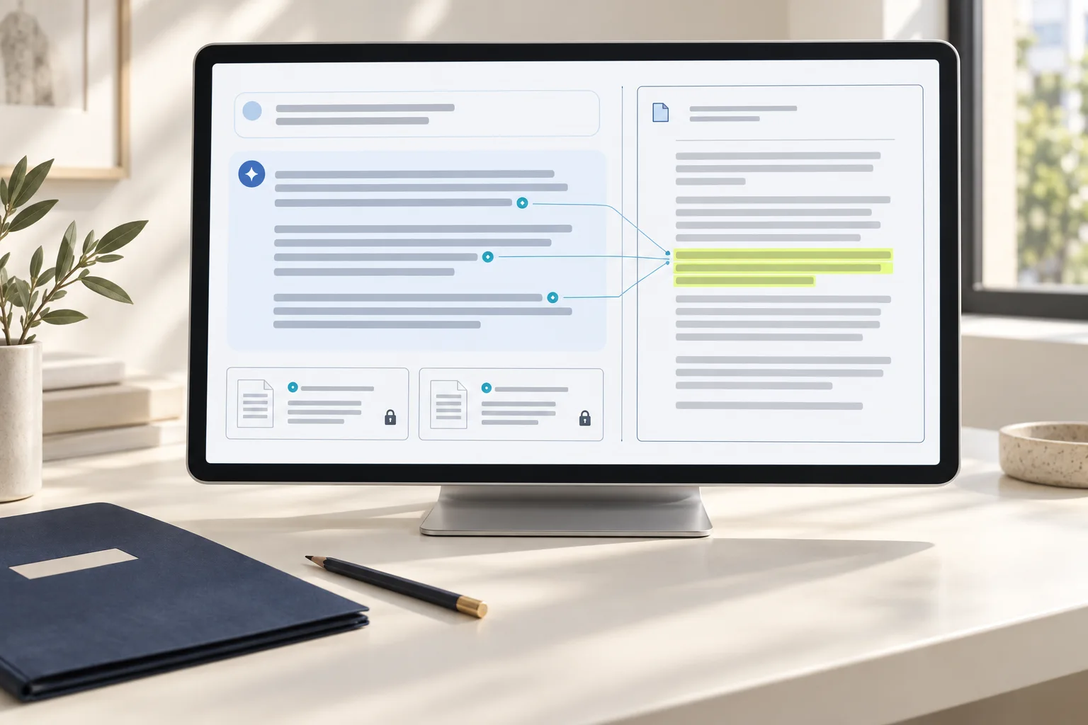 Illustrative answer interface with source references and the relevant document passage open alongside it.