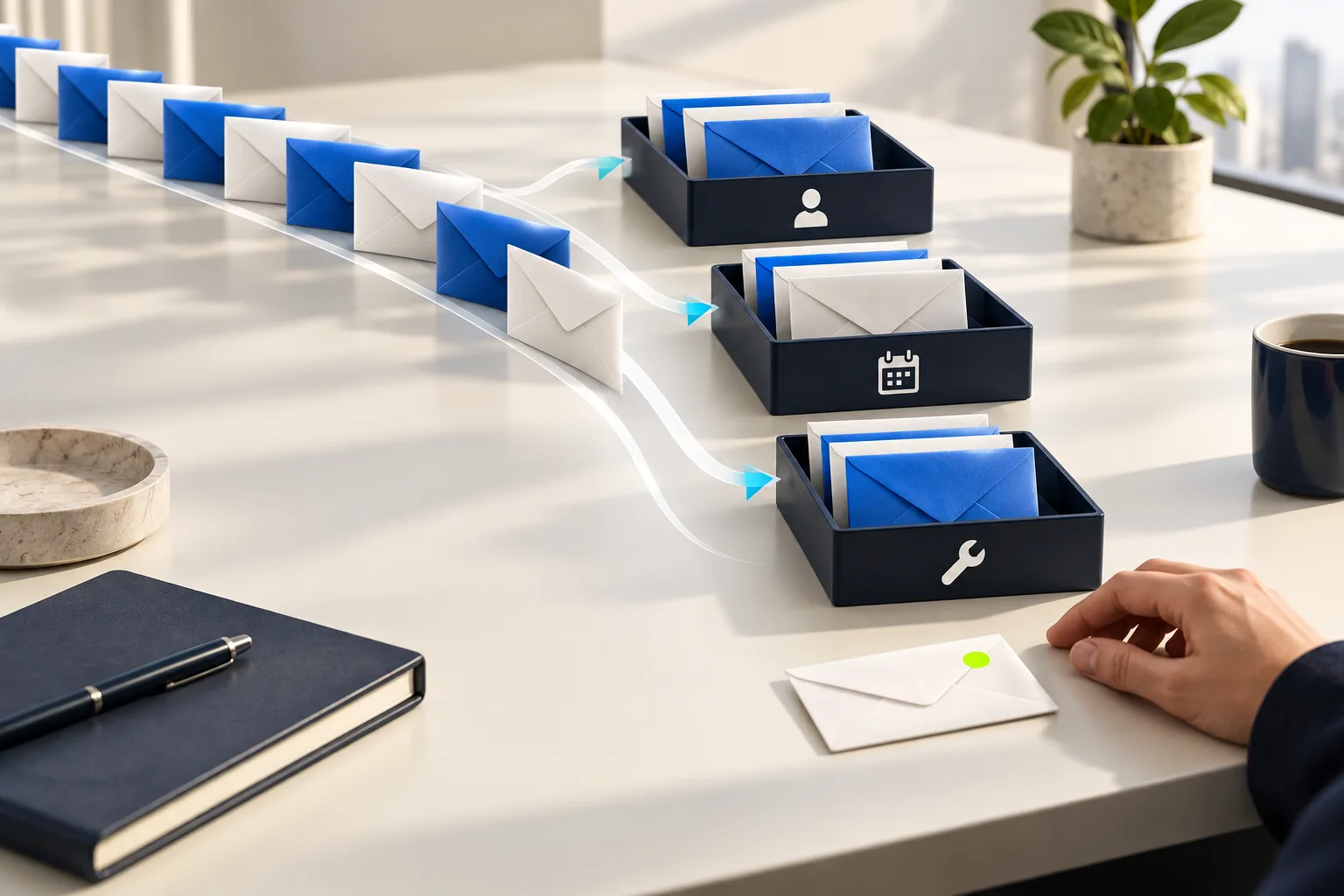 Envelopes are sorted into three trays while one message waits for a person to review it.