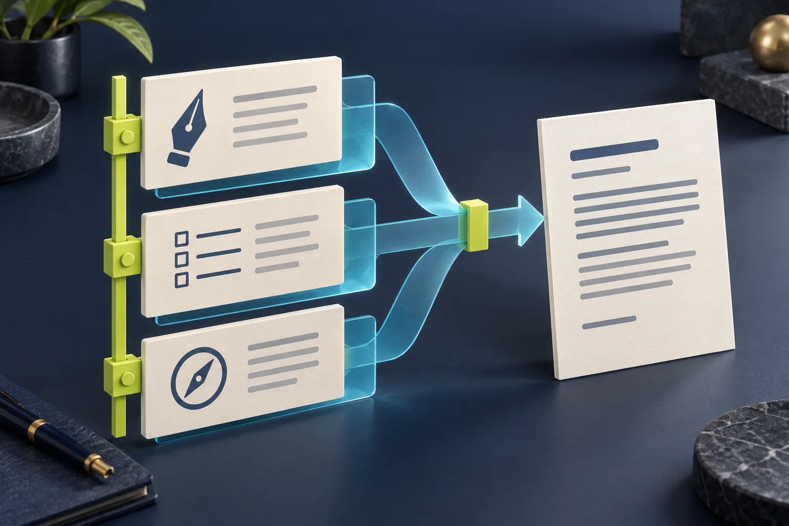 Three reusable instruction cards combine into one document through translucent blue channels.