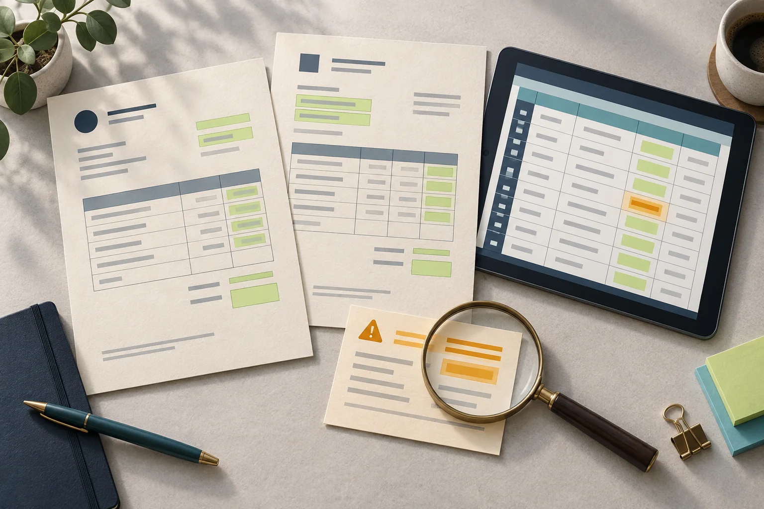 Highlighted fields on paper invoices beside a spreadsheet and a magnifying glass over an exception.