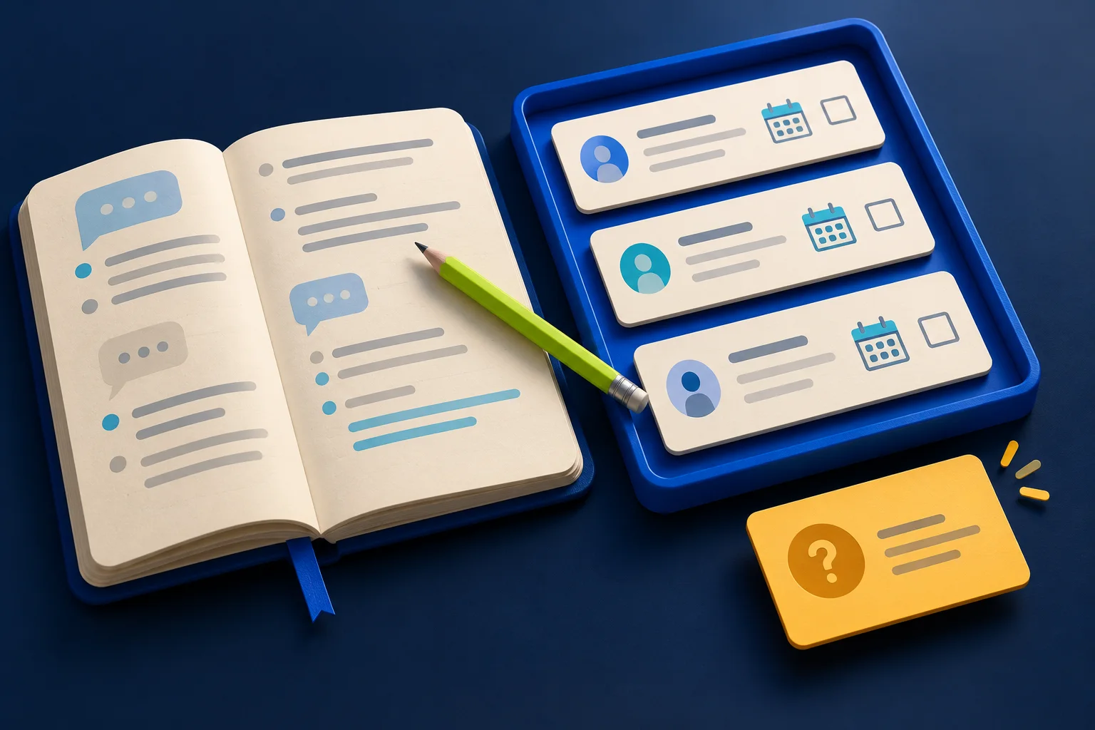 Meeting notebook beside three task cards and a separate amber card for an unresolved question.