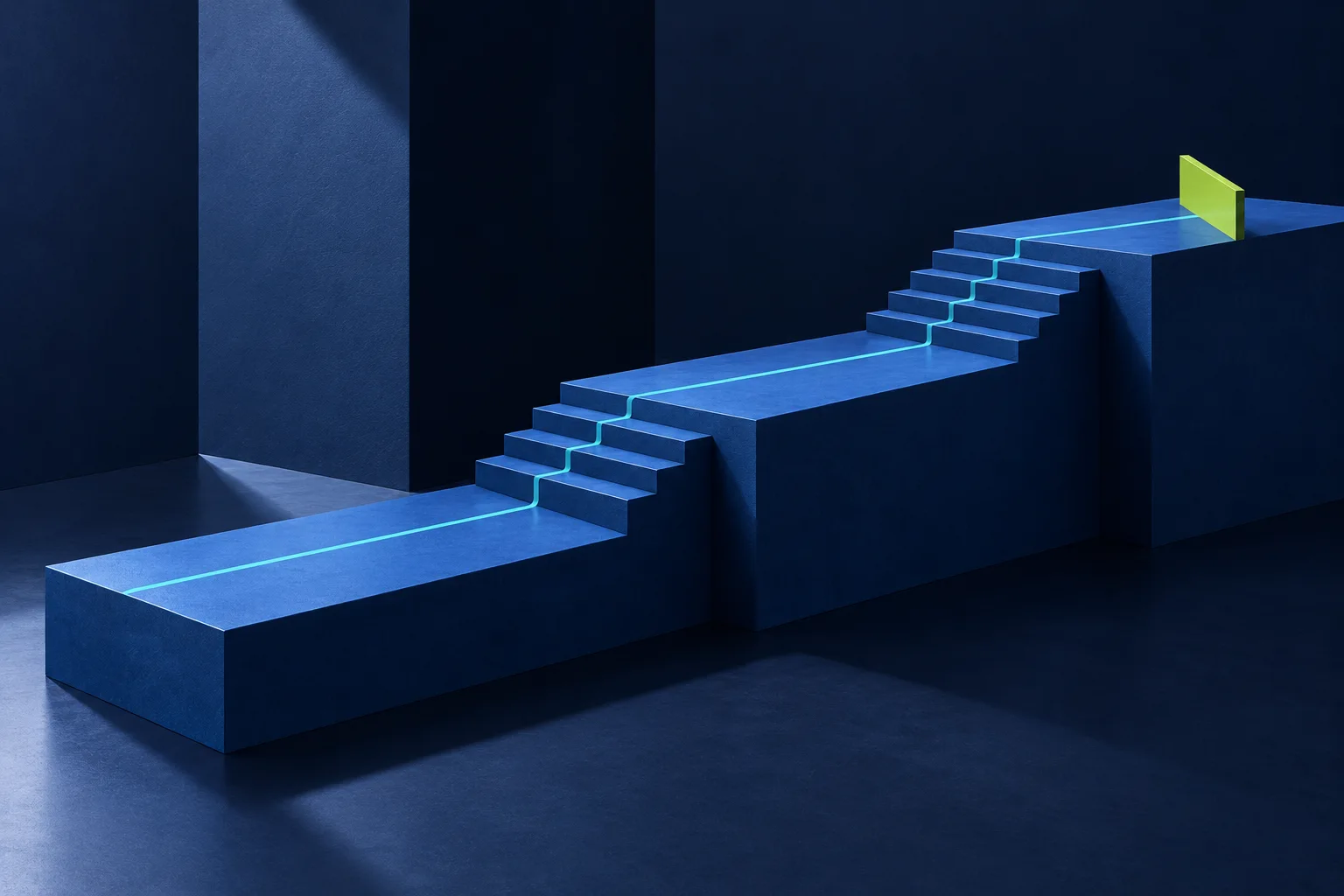 A blue stepped route with a cyan guide ends at a lime review threshold.