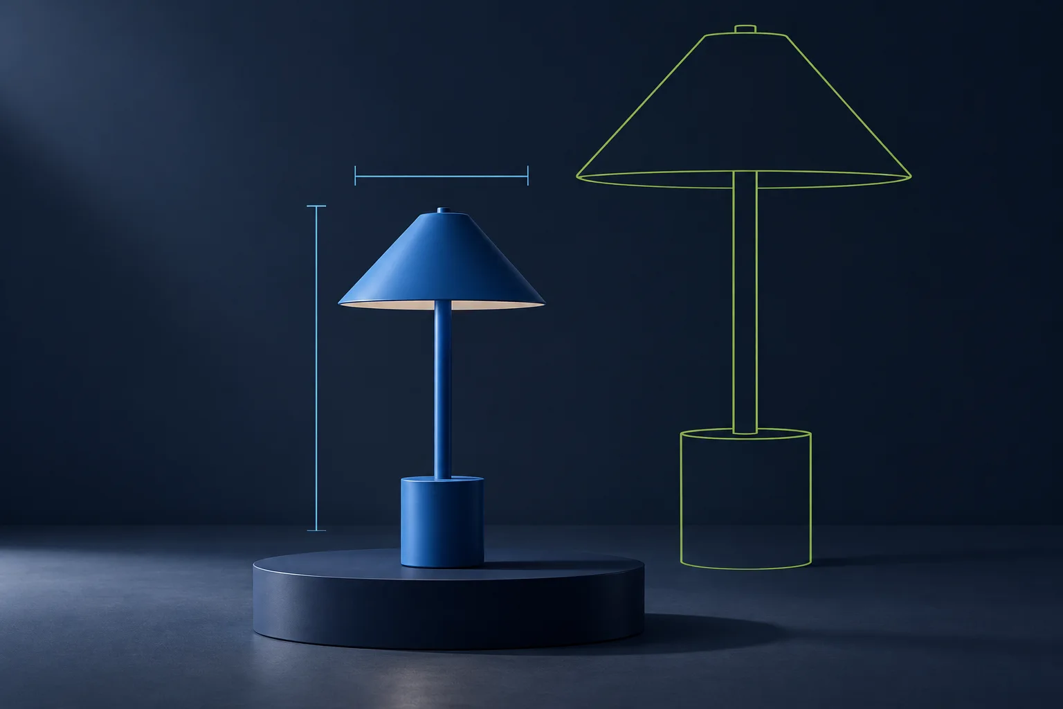 A solid blue desk lamp with cyan measurement guides beside a larger empty lime outline.