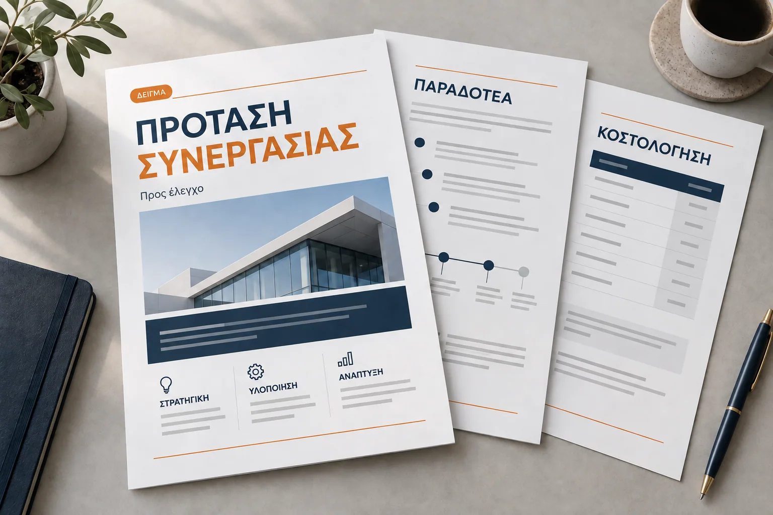 Δείγμα προσφοράς με εξώφυλλο, παραδοτέα και κοστολόγηση, έτοιμο για έλεγχο.