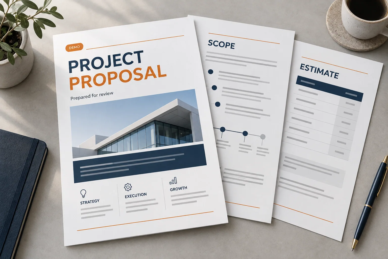 Demo proposal with a cover, scope of work and estimate, ready for review.