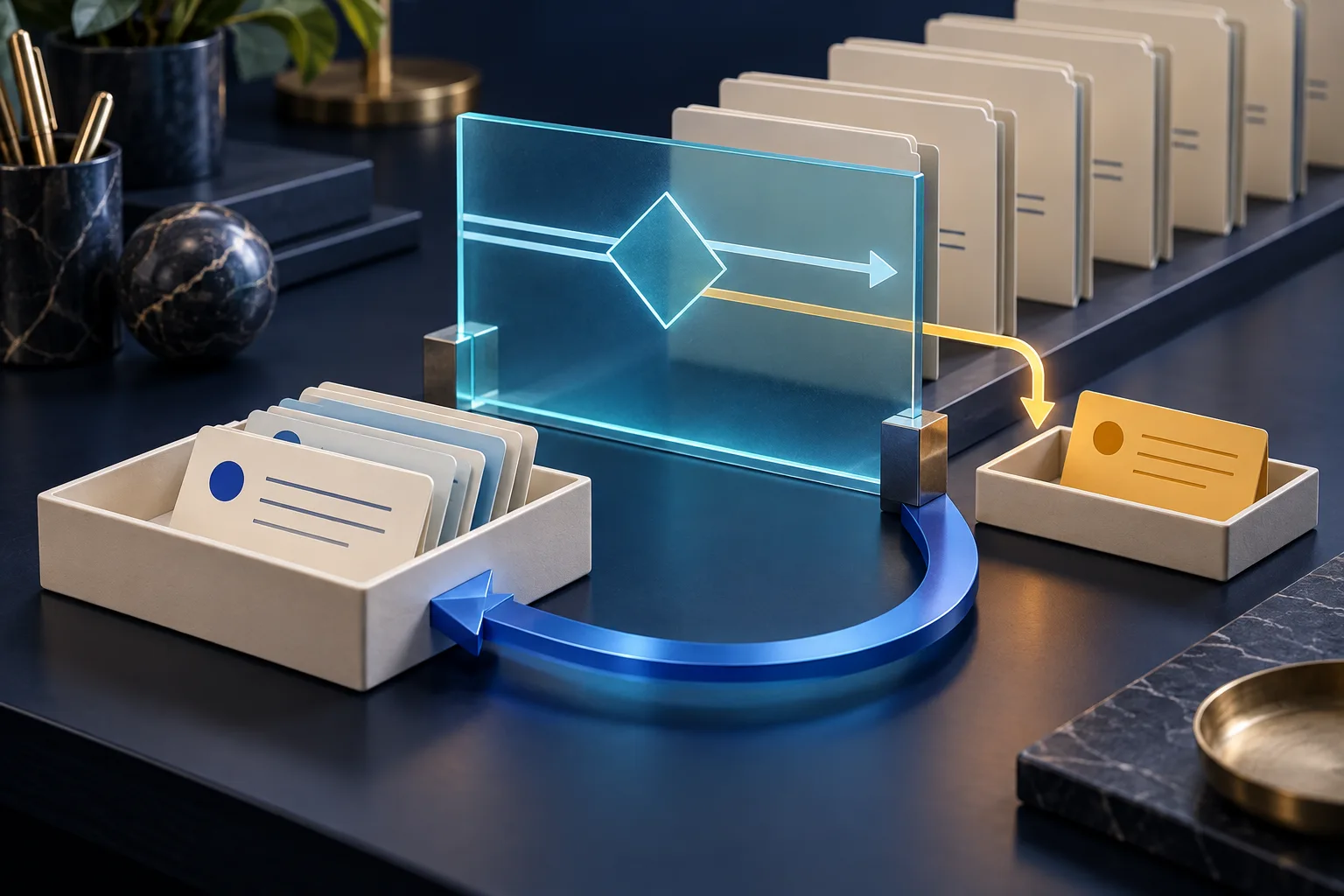 Task cards wait at a review gate, with an exception tray and a return path before wider rollout.