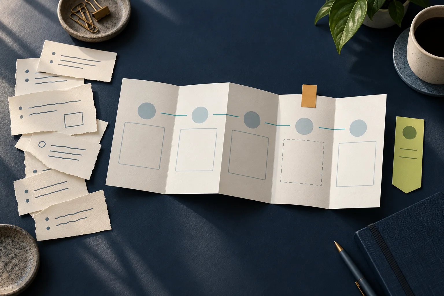 Loose paper notes beside a folded instruction booklet, with an amber tab marking an unresolved step.