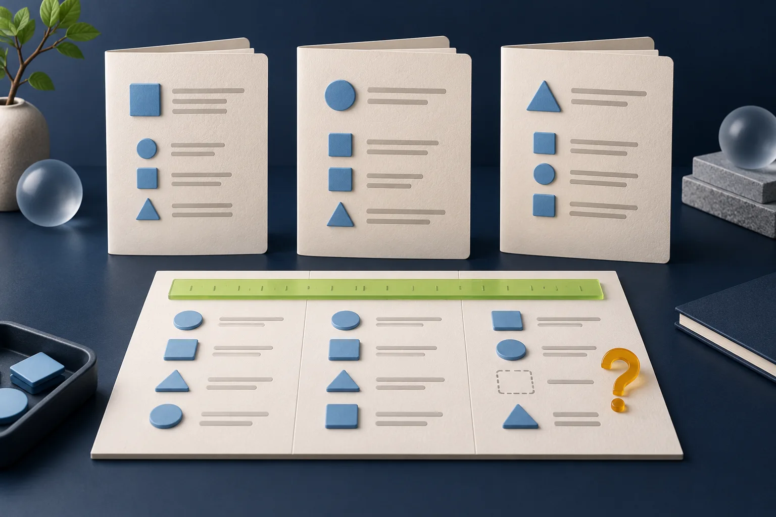 Three proposal folders above a comparison board with matching shapes, a missing item and an amber question mark.