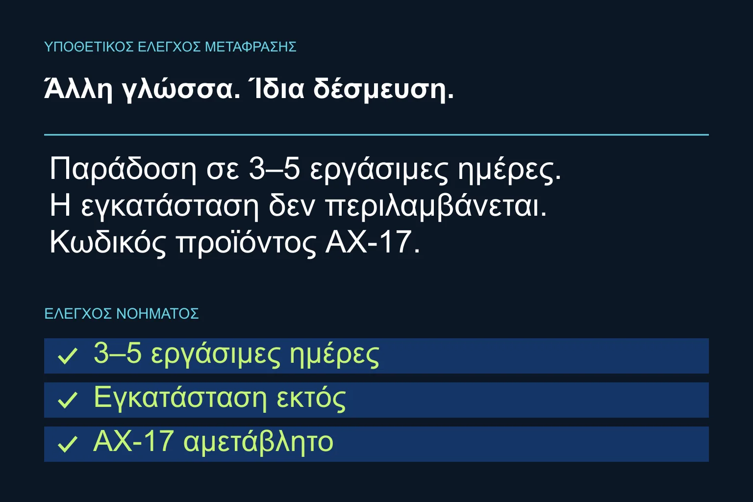 Υποθετικός έλεγχος μετάφρασης: 3–5 εργάσιμες ημέρες, εγκατάσταση εκτός και ίδιος κωδικός AX-17.