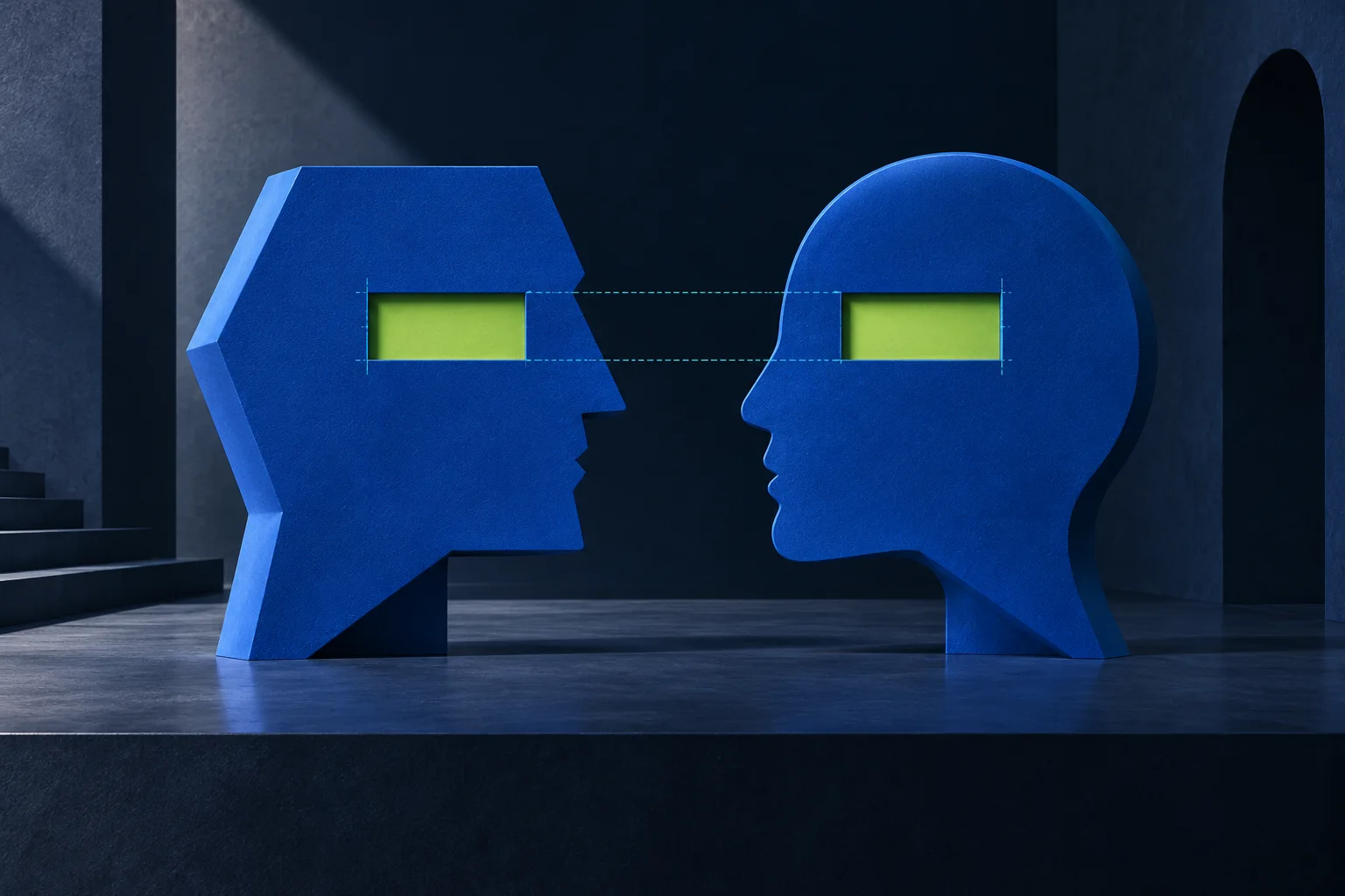 Two differently shaped blue profiles contain matching lime cores aligned by cyan guides.