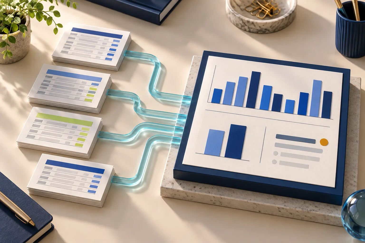 Paper data tables connect to an illustrated report with comparison charts and an exception marker.