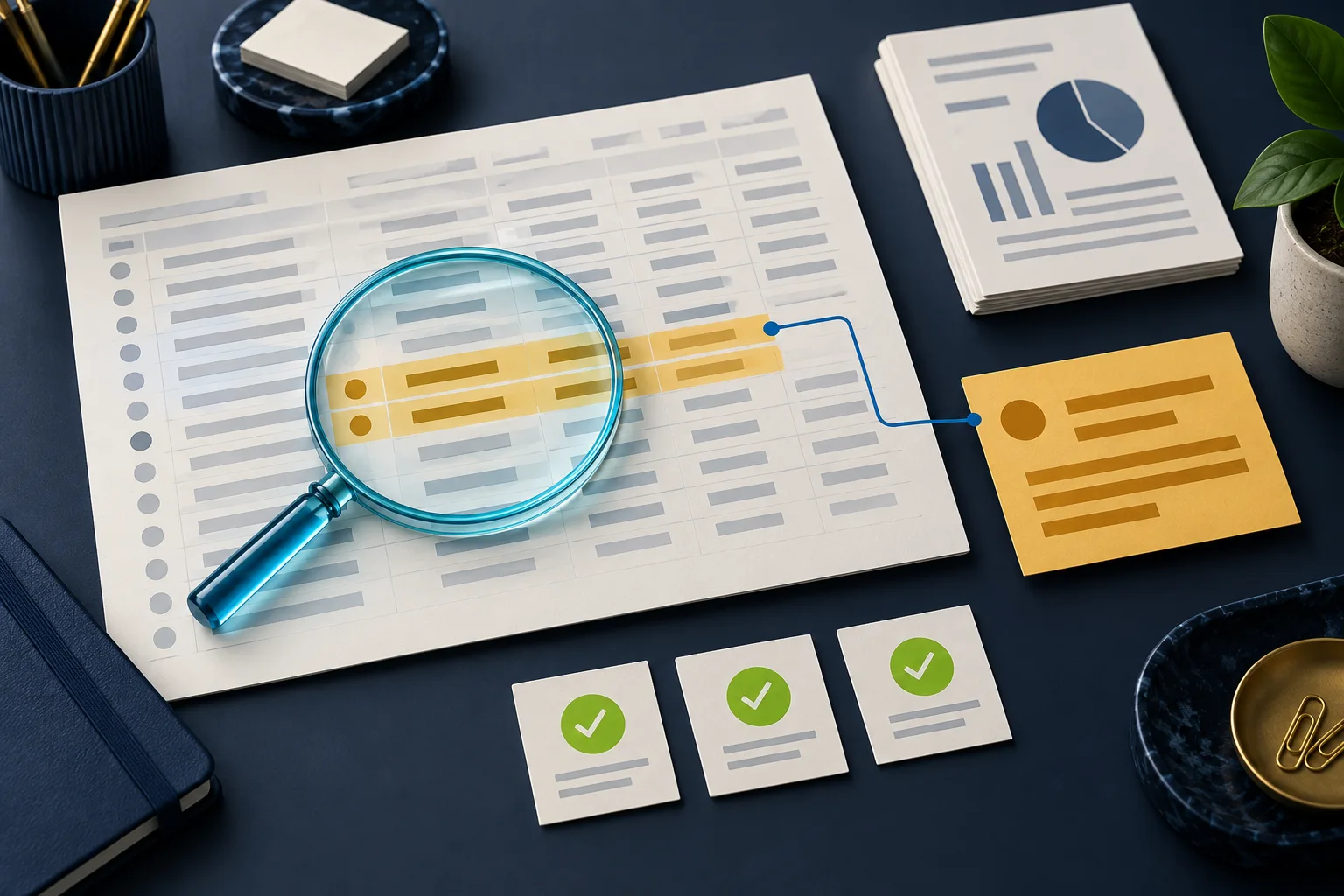 A magnifier highlights two similar spreadsheet rows connected to an amber exception card beside a report.