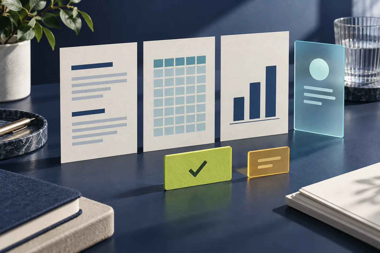 Paper document, spreadsheet and presentation panels beside a cyan assistant panel and separate approval markers.