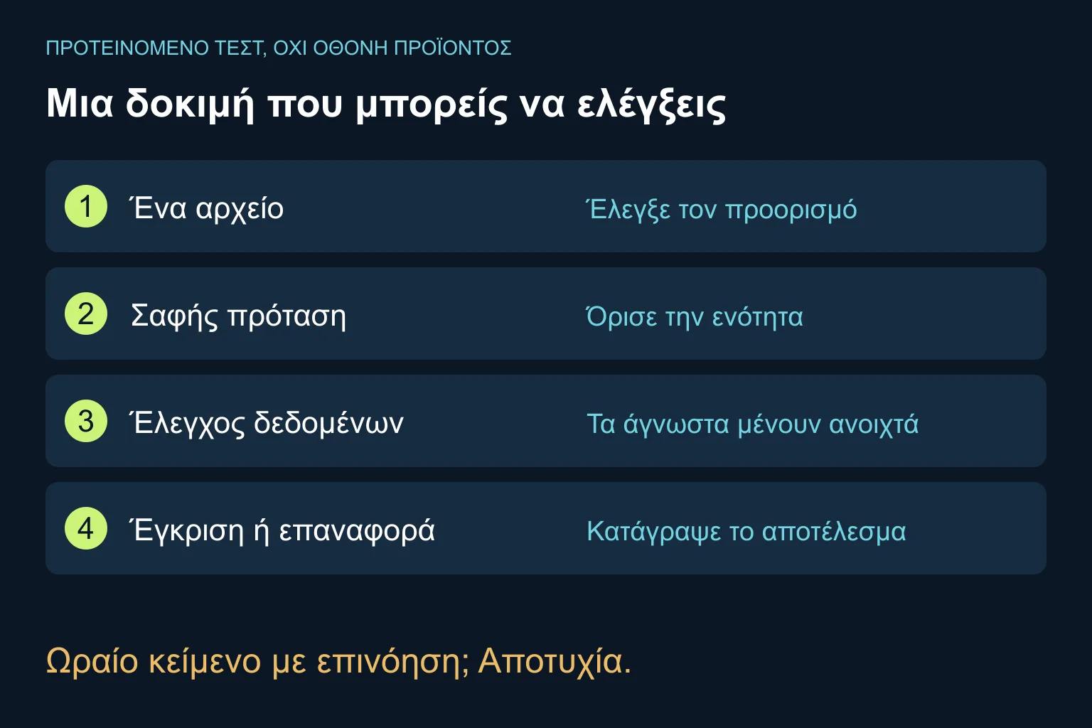 Προτεινόμενο pilot: ένα δοκιμαστικό αρχείο, περιορισμένη πρόταση αλλαγής, σύγκριση εγκεκριμένων δεδομένων και έγκριση ή επαναφορά.