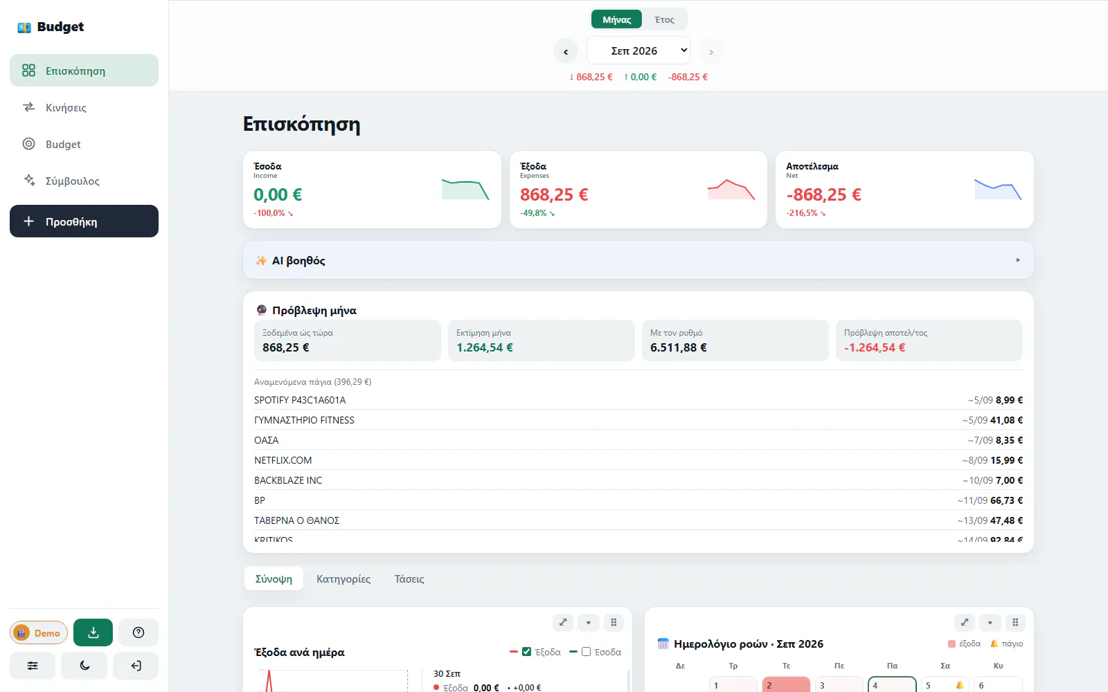 Metronya dashboard showing a financial overview and expense categories