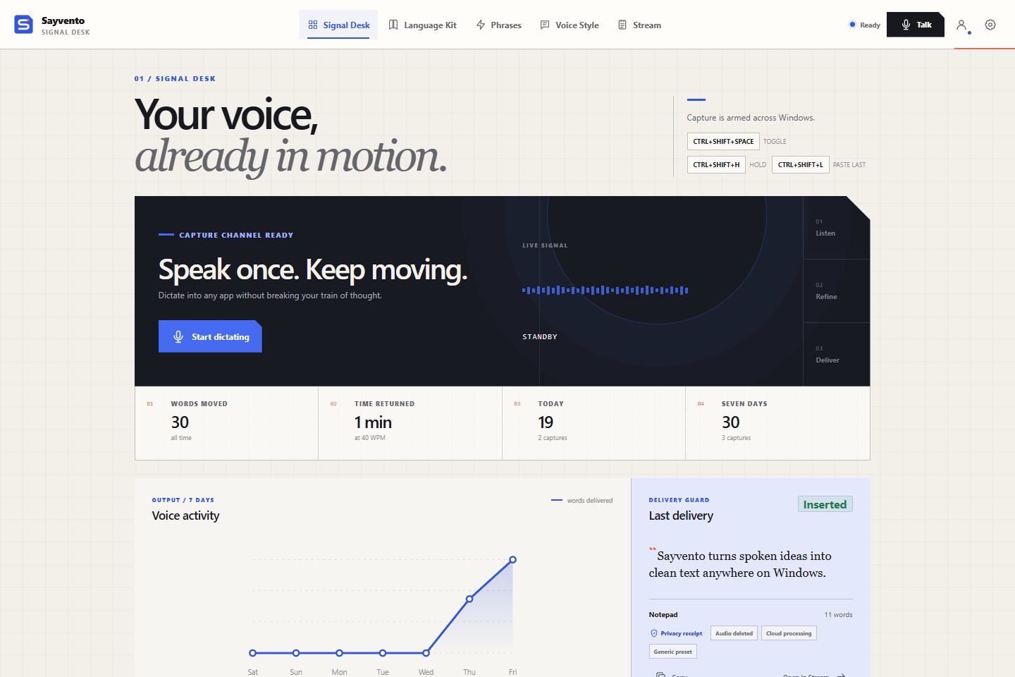 Sayvento Signal Desk with voice dictation, shortcuts and text insertion confirmation