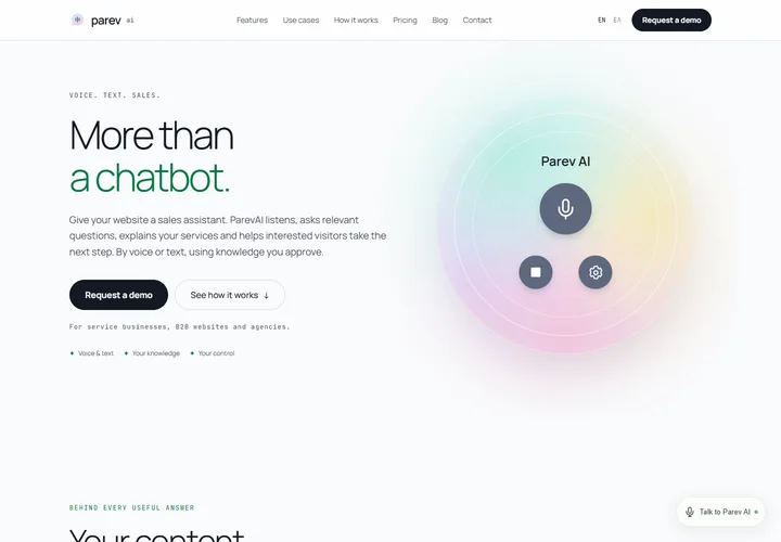 The ParevAI homepage presenting its voice and text assistant